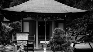 Preview wallpaper pagoda, building, pond, black and white