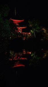 Preview wallpaper pagoda, building, reflection, pond, night