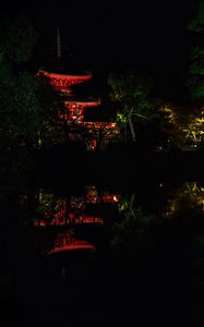 Preview wallpaper pagoda, building, reflection, pond, night