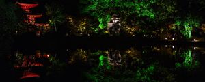 Preview wallpaper pagoda, building, reflection, pond, night