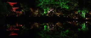 Preview wallpaper pagoda, building, reflection, pond, night