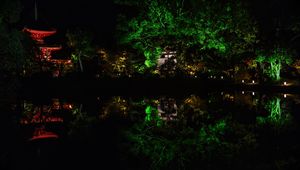 Preview wallpaper pagoda, building, reflection, pond, night