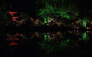 Preview wallpaper pagoda, building, reflection, pond, night