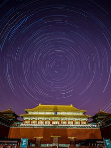 Preview wallpaper pagoda, building, starry sky, long exposure, circles