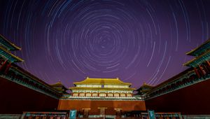 Preview wallpaper pagoda, building, starry sky, long exposure, circles