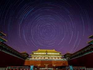 Preview wallpaper pagoda, building, starry sky, long exposure, circles