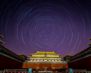 Preview wallpaper pagoda, building, starry sky, long exposure, circles