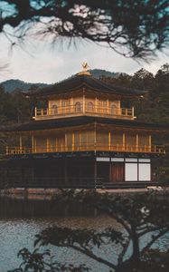 Preview wallpaper pagoda, building, temple, river, nature