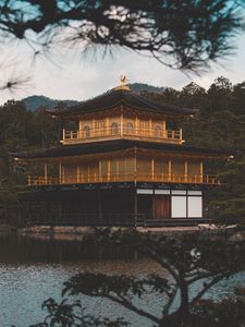 Preview wallpaper pagoda, building, temple, river, nature