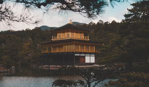 Preview wallpaper pagoda, building, temple, river, nature