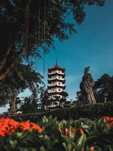 Preview wallpaper pagoda, building, trees, bushes, flowers, statue