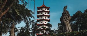 Preview wallpaper pagoda, building, trees, bushes, flowers, statue