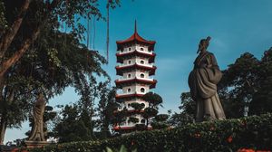 Preview wallpaper pagoda, building, trees, bushes, flowers, statue