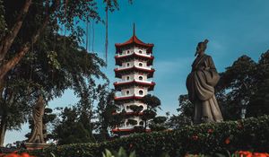 Preview wallpaper pagoda, building, trees, bushes, flowers, statue