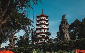 Preview wallpaper pagoda, building, trees, bushes, flowers, statue