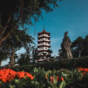 Preview wallpaper pagoda, building, trees, bushes, flowers, statue