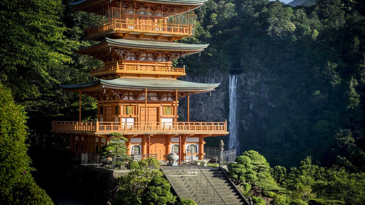 Wallpaper pagoda, building, waterfall, japan, architecture