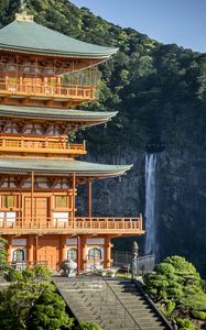 Preview wallpaper pagoda, building, waterfall, japan, architecture