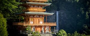 Preview wallpaper pagoda, building, waterfall, japan, architecture