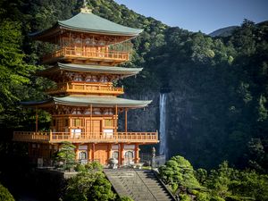 Preview wallpaper pagoda, building, waterfall, japan, architecture