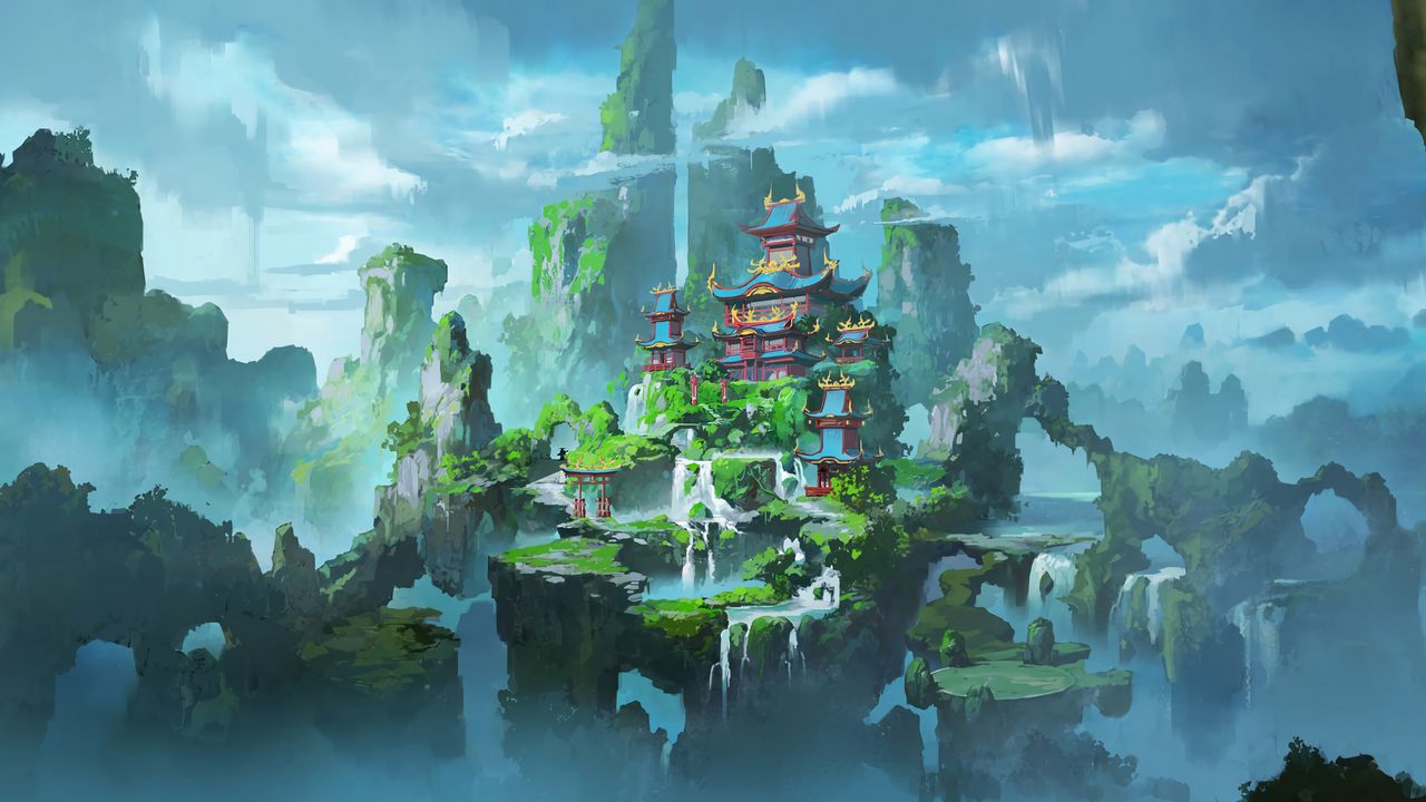 Wallpaper pagoda, castle, rocks, waterfall, clouds, art