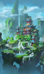 Preview wallpaper pagoda, castle, rocks, waterfall, clouds, art
