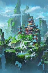 Preview wallpaper pagoda, castle, rocks, waterfall, clouds, art
