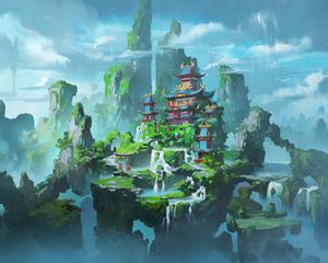 Preview wallpaper pagoda, castle, rocks, waterfall, clouds, art