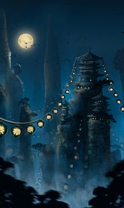 Preview wallpaper pagoda, flashlights, moon, rocks, night, art