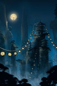 Preview wallpaper pagoda, flashlights, moon, rocks, night, art