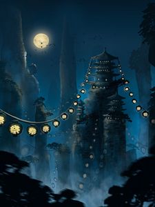 Preview wallpaper pagoda, flashlights, moon, rocks, night, art