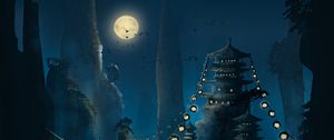 Preview wallpaper pagoda, flashlights, moon, rocks, night, art