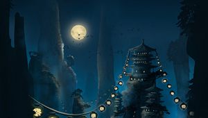 Preview wallpaper pagoda, flashlights, moon, rocks, night, art