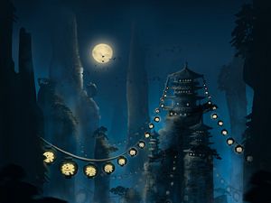 Preview wallpaper pagoda, flashlights, moon, rocks, night, art