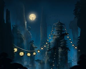 Preview wallpaper pagoda, flashlights, moon, rocks, night, art