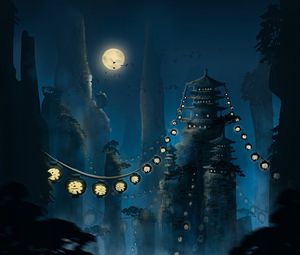 Preview wallpaper pagoda, flashlights, moon, rocks, night, art