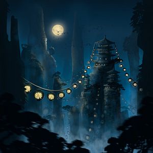 Preview wallpaper pagoda, flashlights, moon, rocks, night, art