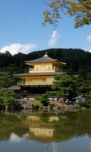 Preview wallpaper pagoda, forest, trees, river, reflection, nature