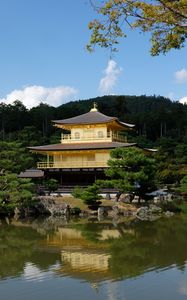 Preview wallpaper pagoda, forest, trees, river, reflection, nature