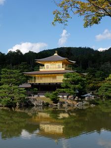 Preview wallpaper pagoda, forest, trees, river, reflection, nature