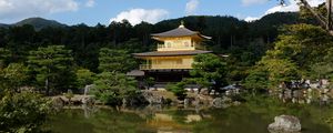 Preview wallpaper pagoda, forest, trees, river, reflection, nature