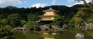 Preview wallpaper pagoda, forest, trees, river, reflection, nature