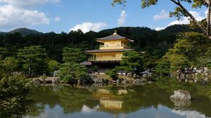 Preview wallpaper pagoda, forest, trees, river, reflection, nature