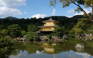 Preview wallpaper pagoda, forest, trees, river, reflection, nature