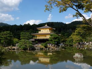 Preview wallpaper pagoda, forest, trees, river, reflection, nature