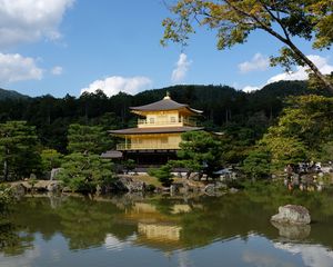 Preview wallpaper pagoda, forest, trees, river, reflection, nature