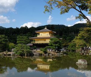 Preview wallpaper pagoda, forest, trees, river, reflection, nature