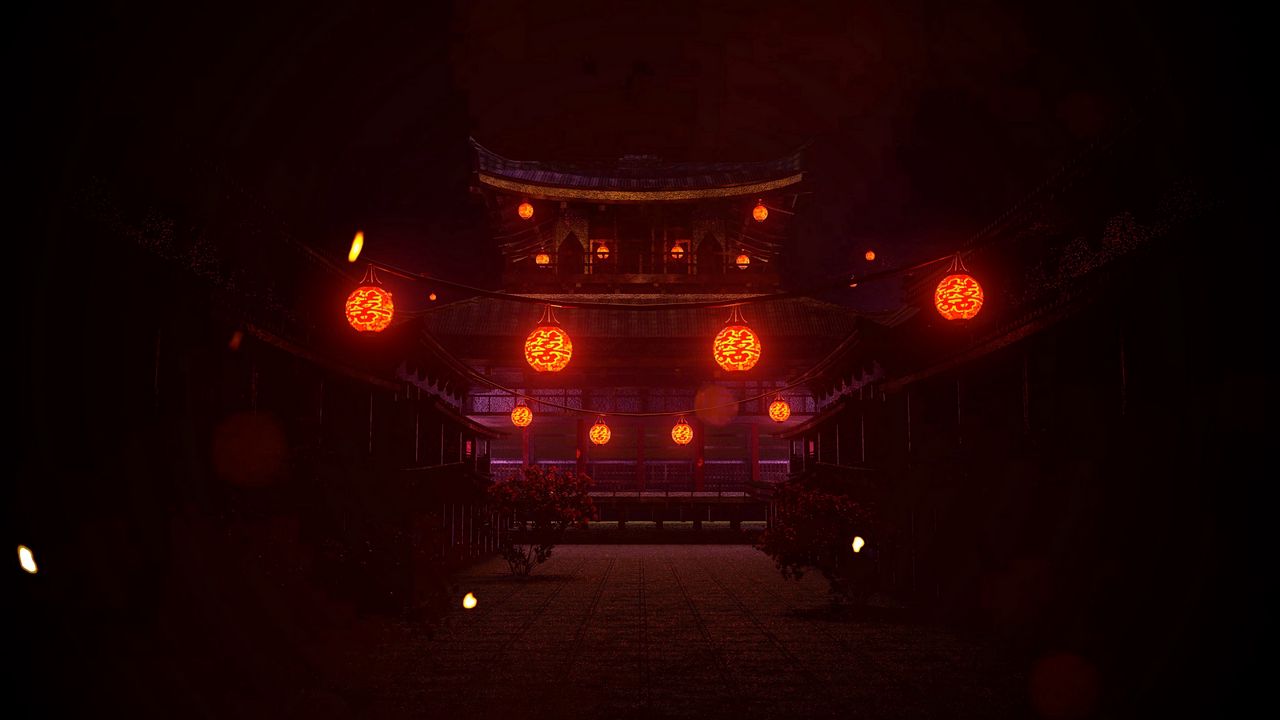 Wallpaper pagoda, lanterns, glow, dark, night