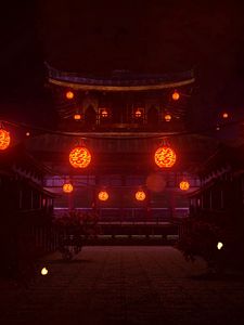 Preview wallpaper pagoda, lanterns, glow, dark, night