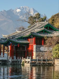 Preview wallpaper pagoda, mountains, trees, river